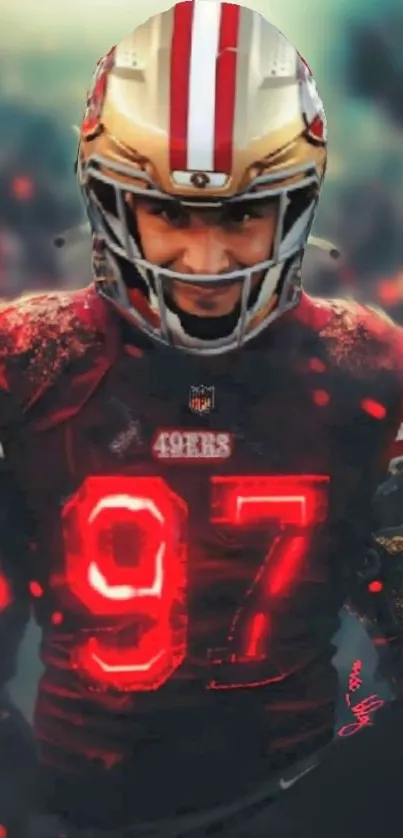 A football player in crimson gear with glowing elements, in action.