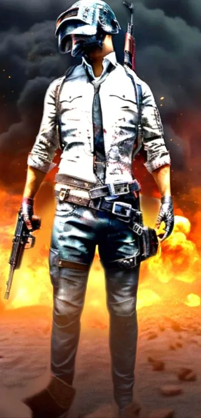 Gamer with weapons amidst fiery explosion in an action-filled mobile wallpaper.
