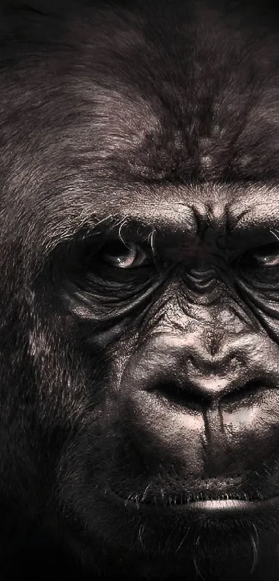 Intense gorilla close-up with dark background.