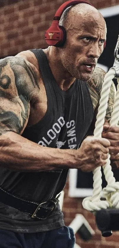 Man in gym with tattoos wearing headphones, pulling rope.