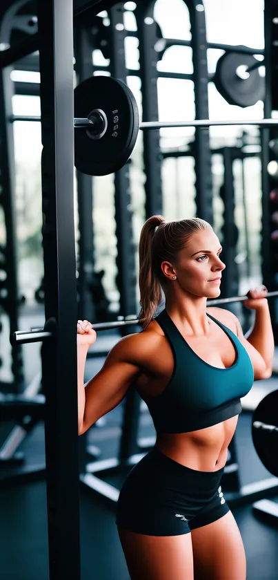 Focused female athlete lifting weights in a modern gym setting.