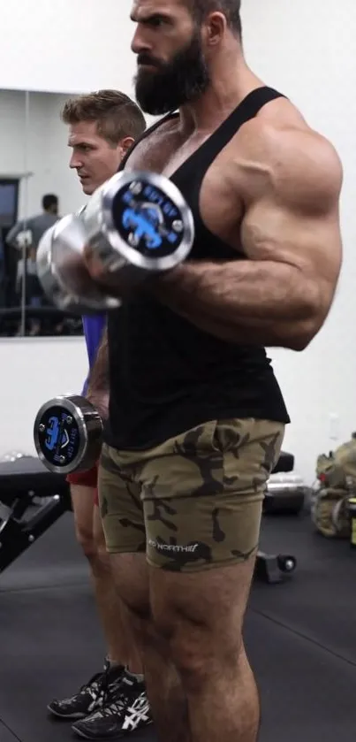 Two athletes lifting weights in a gym workout scene.