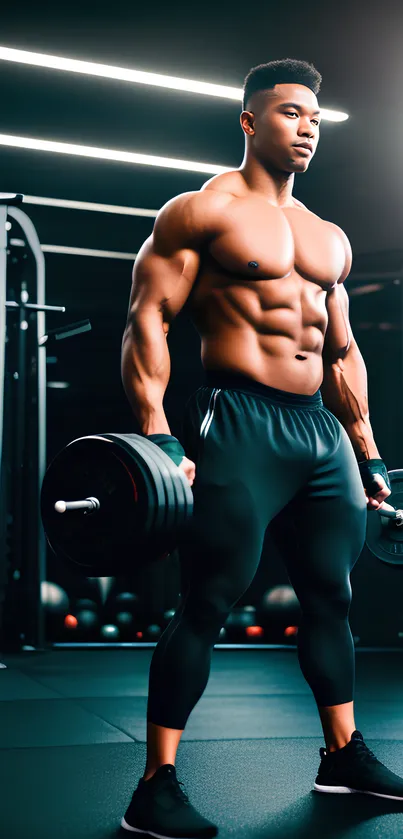 Man lifting weights in a gym with intense focus and well-defined muscles.