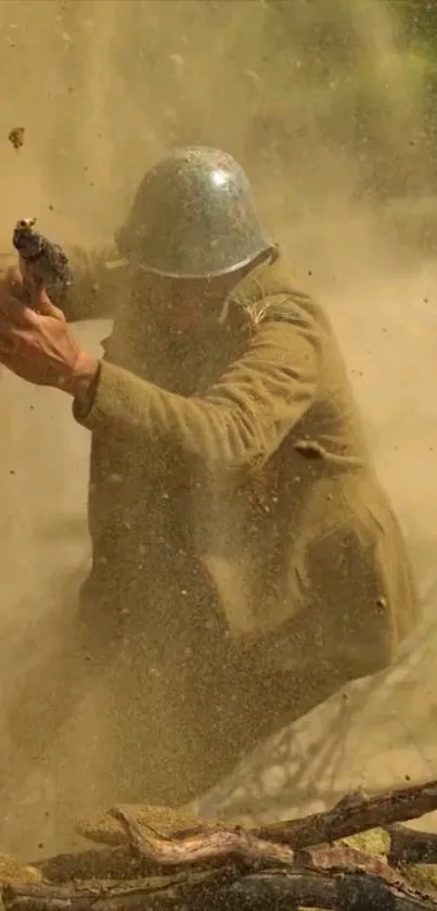 Soldier in battle amidst swirling dust and debris in a historical war scene.