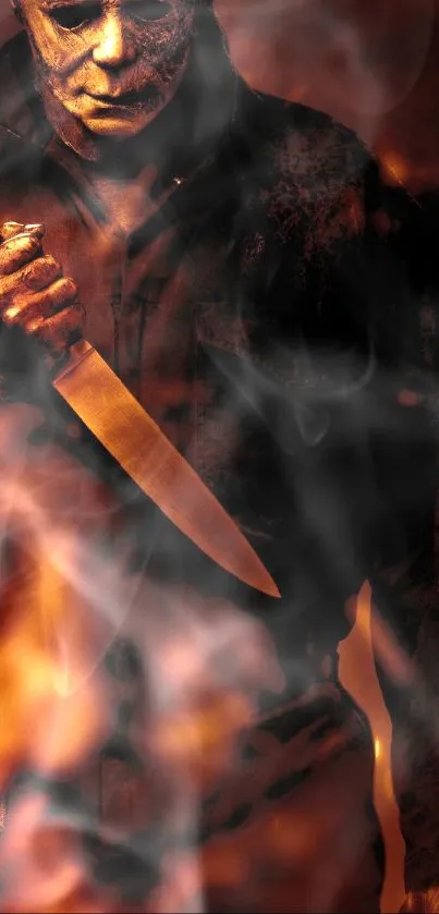 Horror movie character with knife in a fiery, dark background wallpaper.