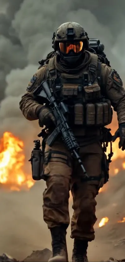 Soldier in tactical gear amidst flames and smoke.