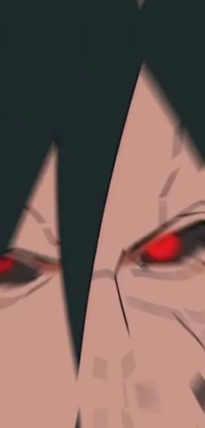 Anime character with intense red eyes and dark hair in a close-up wallpaper.