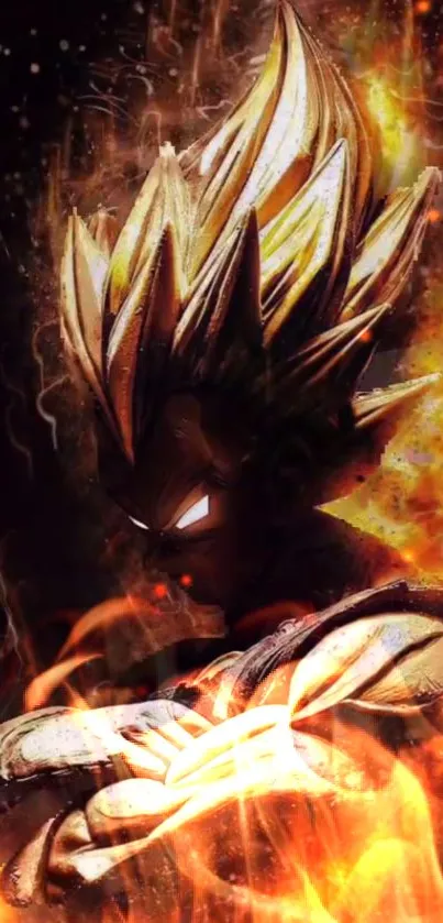 Fiery Saiyan warrior with intense flames in dynamic anime artwork.