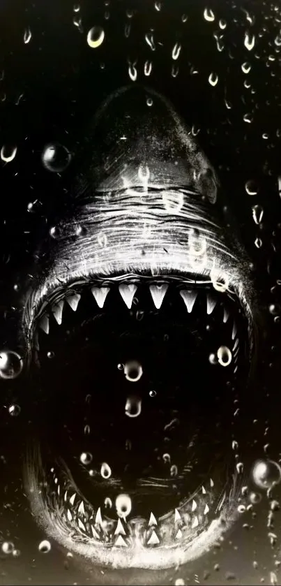 Intense shark with raindrops wallpaper in dark tones.