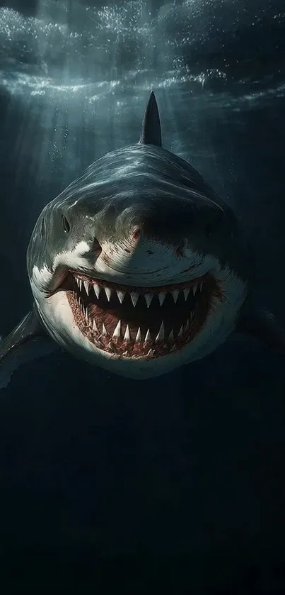 A menacing shark swimming underwater in low light conditions.