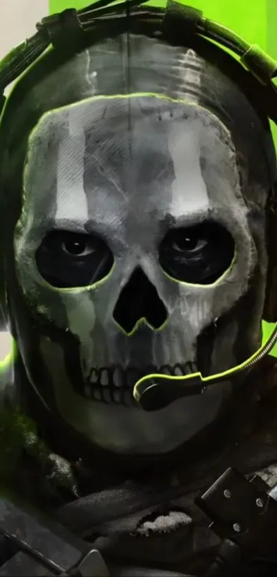 Intense skull character with headset in a dark, green-themed mobile wallpaper.