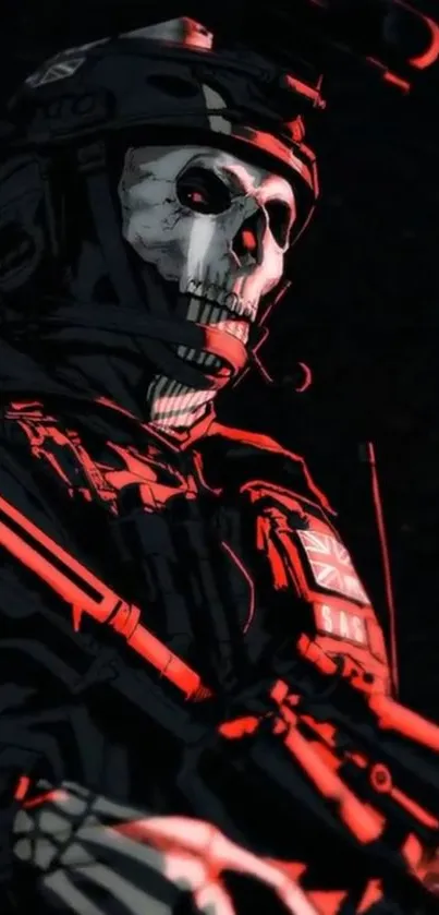 Skull soldier in dark theme with red accents, intense wallpaper.