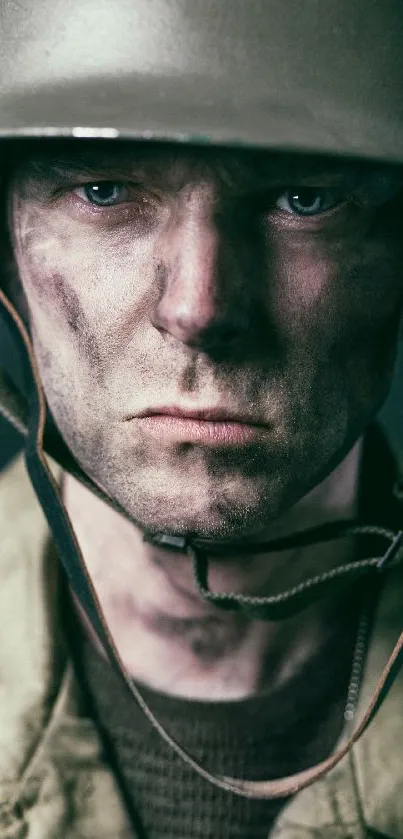 Portrait of a soldier with intense expression wearing a helmet.