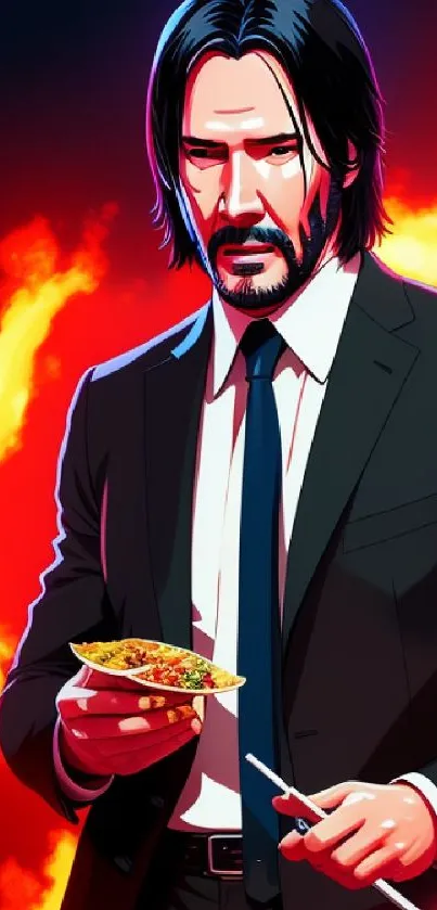 Dynamic illustration of a suited figure holding takeout food against a red background.