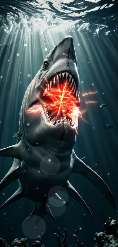 An intense underwater scene featuring a large shark with open mouth in the ocean.