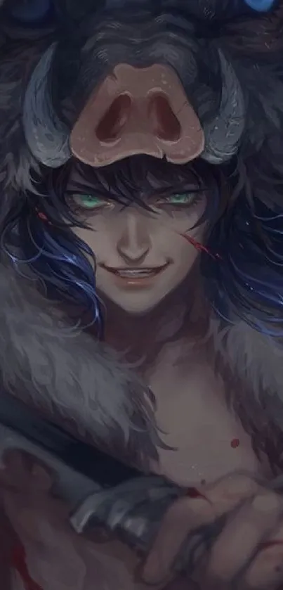 Dark-haired anime warrior with a fierce expression and a boar headdress