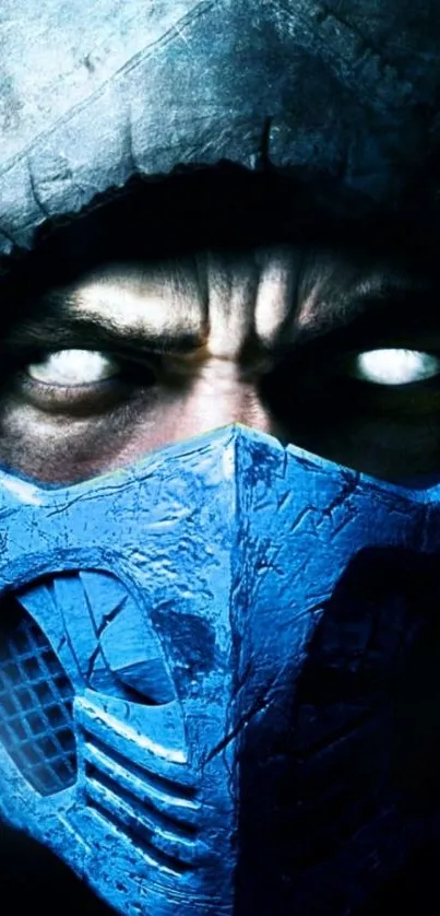 Blue-masked intense warrior artwork for mobile wallpaper.