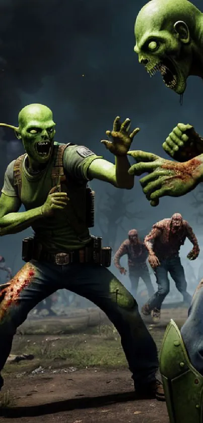 Intense zombie battle scene with green zombies and a dark atmosphere.