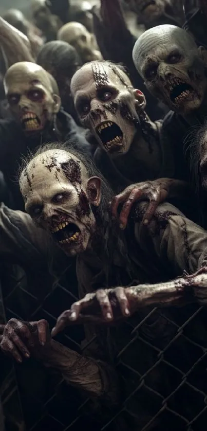 Crowd of zombies behind a metal fence, creating a chilling scene.