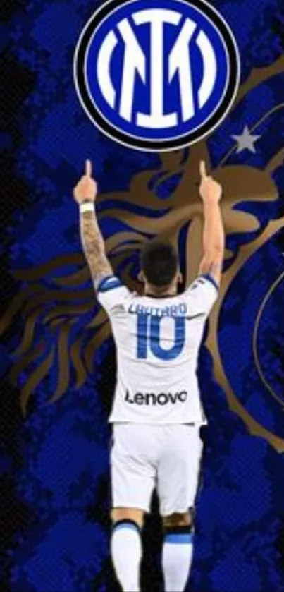 Inter Milan wallpaper featuring a football player celebrating against a blue background.