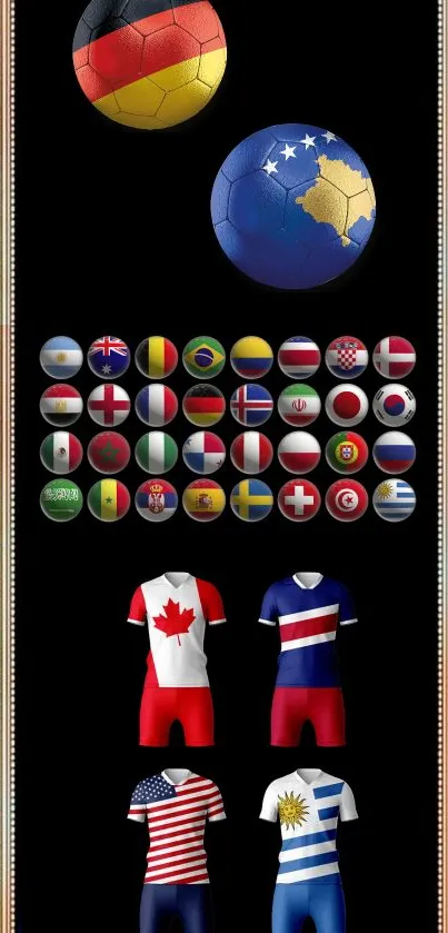 Mobile wallpaper featuring soccer jerseys and international flags.