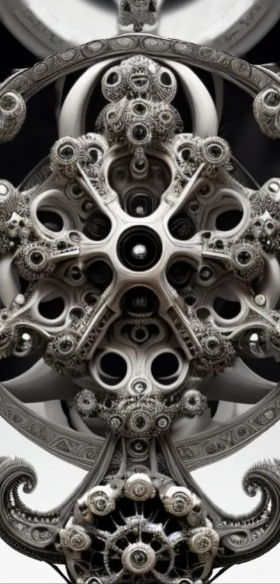 Intricate abstract mechanical art design in monochrome for phone wallpaper.