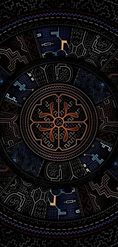 Intricate abstract circular design with colorful geometric patterns.