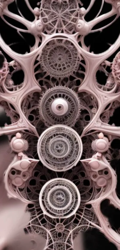 Intricate abstract wallpaper with pale pink tones and symmetrical patterns.