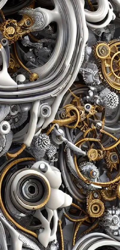 Intricate gears with gold and silver tones create a dynamic abstract wallpaper.