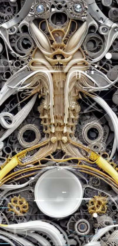 Intricate mechanical abstract art with gears and black, white, gold shades.