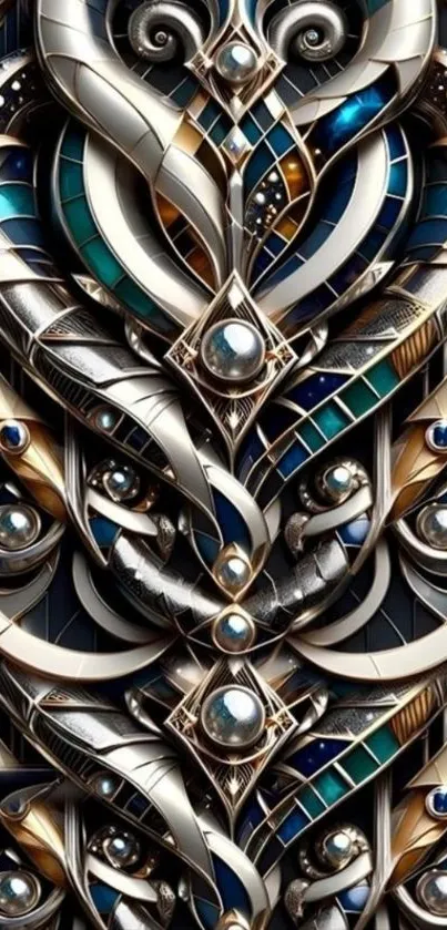 Intricate metallic and geometric abstract art wallpaper.