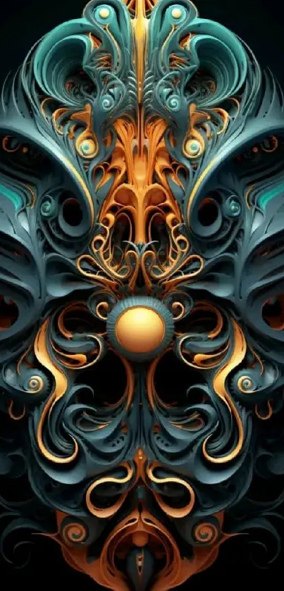 Intricate teal and orange abstract digital art on a black mobile wallpaper.