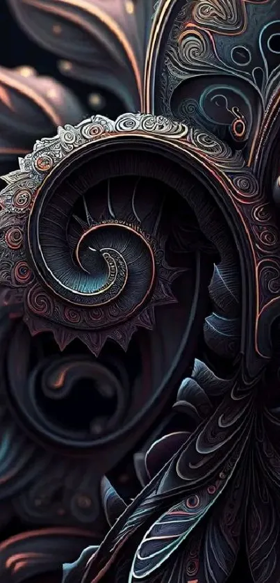 Intricate dark abstract wallpaper with swirling patterns.