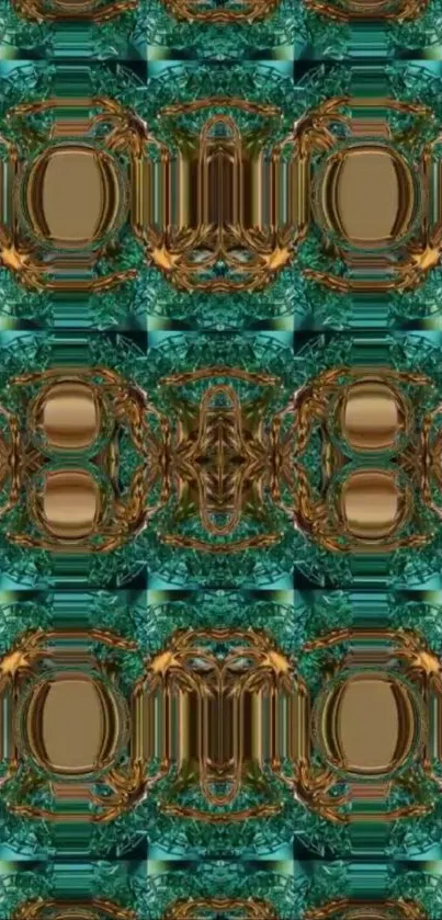 Intricate abstract wallpaper in teal and gold with geometric patterns.