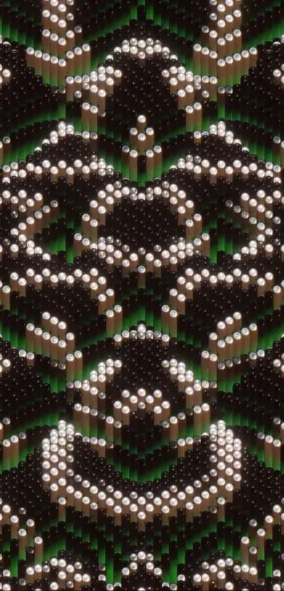 Intricate abstract pattern with 3D effect in black, green, and pearl tones.