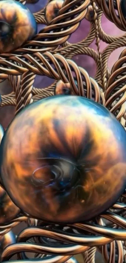 Abstract wallpaper with intricate bronze spheres and ropes.