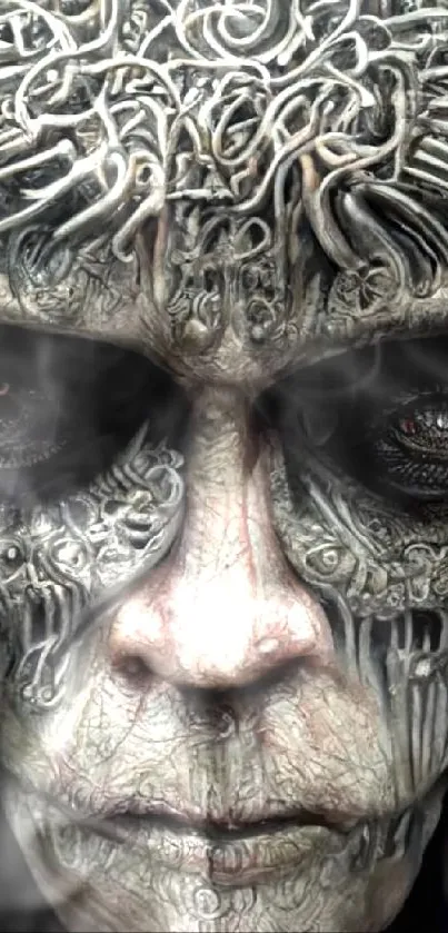 Intricate design of an alien face with complex textures and dark tones.