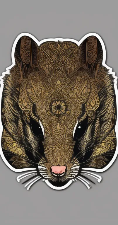 Detailed animal head with golden patterns on gray background.