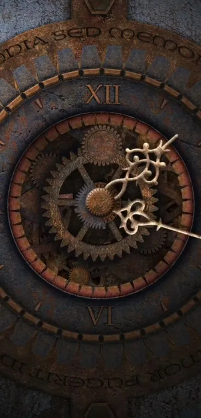 Intricate antique clock face with gears and Roman numerals in bronze tones.