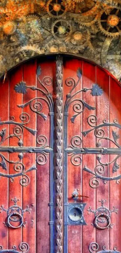 Intricate red wooden door with wrought iron decorations.