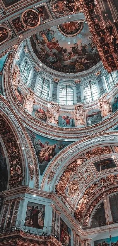 Ornate ceiling with detailed frescoes and artistic designs.