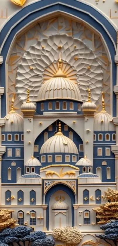 Intricate architectural art with domes in blue-gray tones.