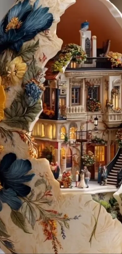 Miniature architectural scene inside a floral-decorated egg.