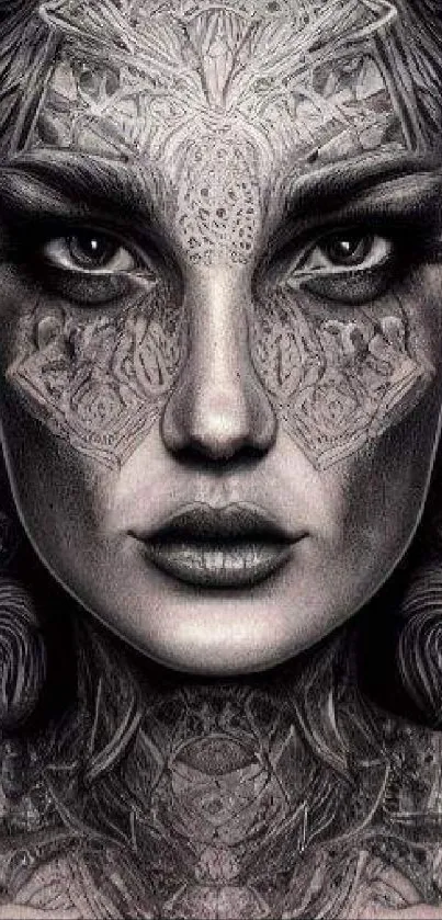 Intricate grayscale art of a mystical face with detailed patterns.