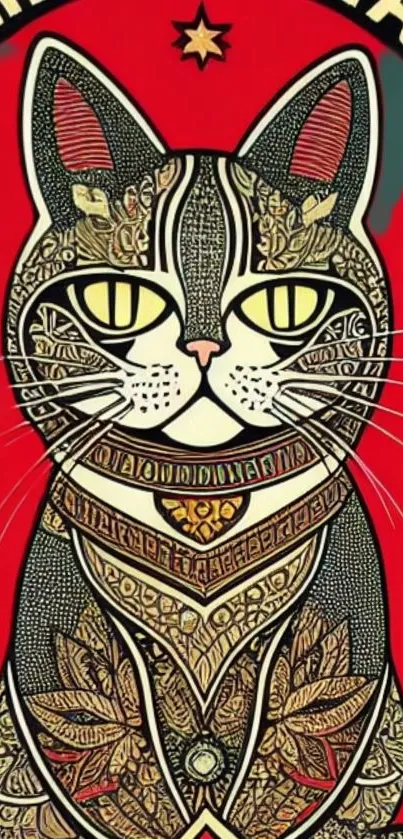 Intricate cat design on bold red background for mobile wallpaper.