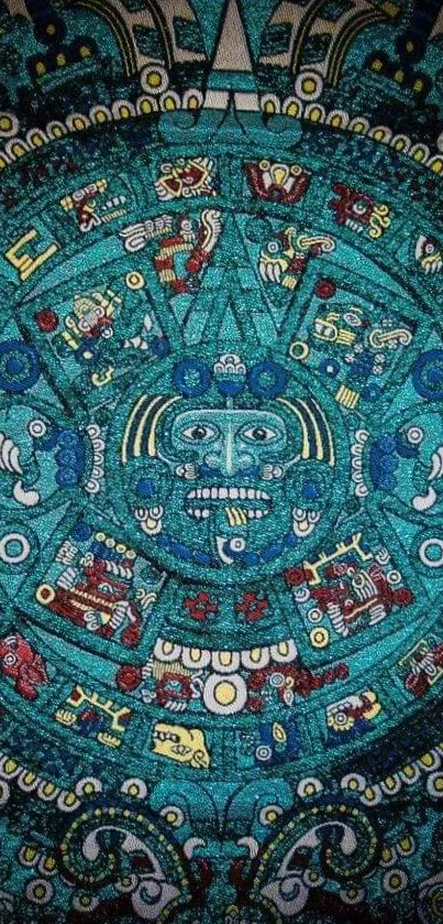 Intricate turquoise Aztec calendar pattern mobile wallpaper.