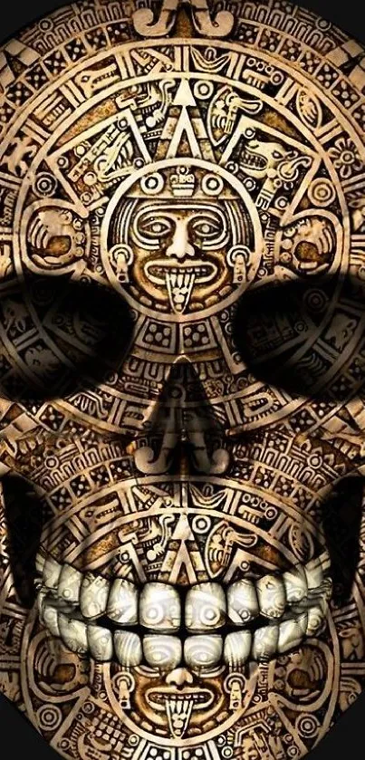 Intricate Aztec skull design mobile wallpaper.