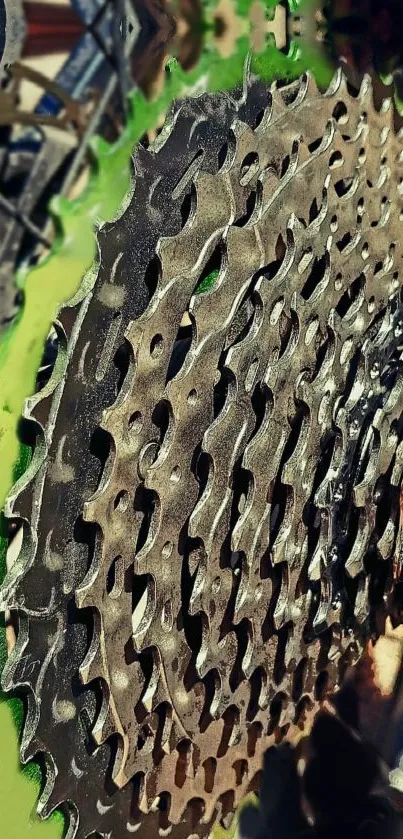 Close-up of intricate bicycle gear in industrial style.