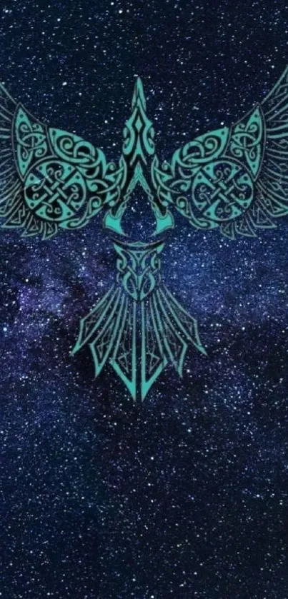 Intricate bird design on starry galaxy wallpaper.