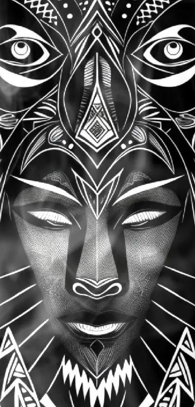 Intricate black and white tribal art wallpaper with abstract face.